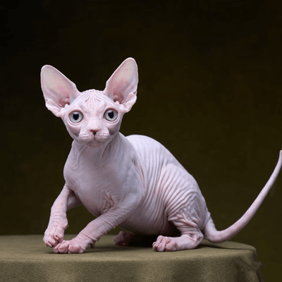 Focused sphynx cat with organized workspace and Christmas tree