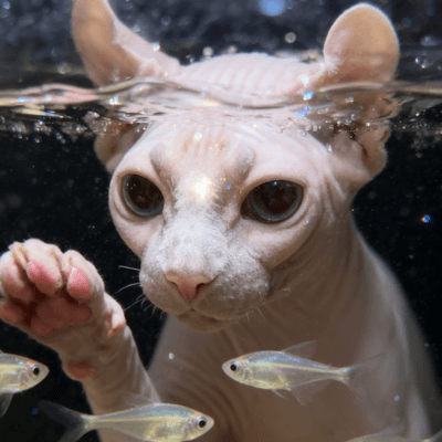 Relaxed sphynx cat napping under Christmas blanket