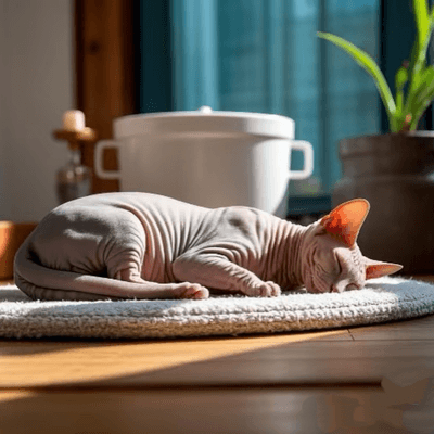 Happy sphynx cat with party hat and Christmas presents